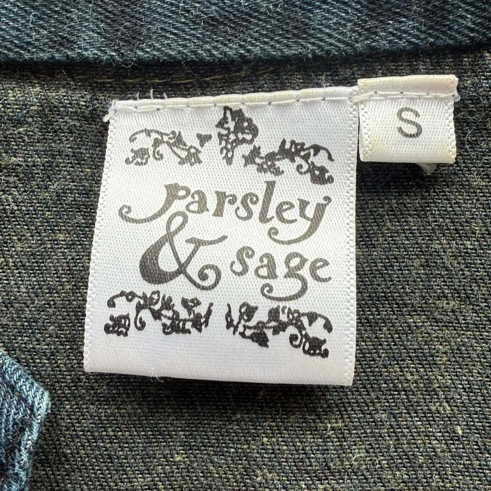 Parsley & Sage Blue Tan Cotton Denim Embroidered Lightweight Boho Jacket